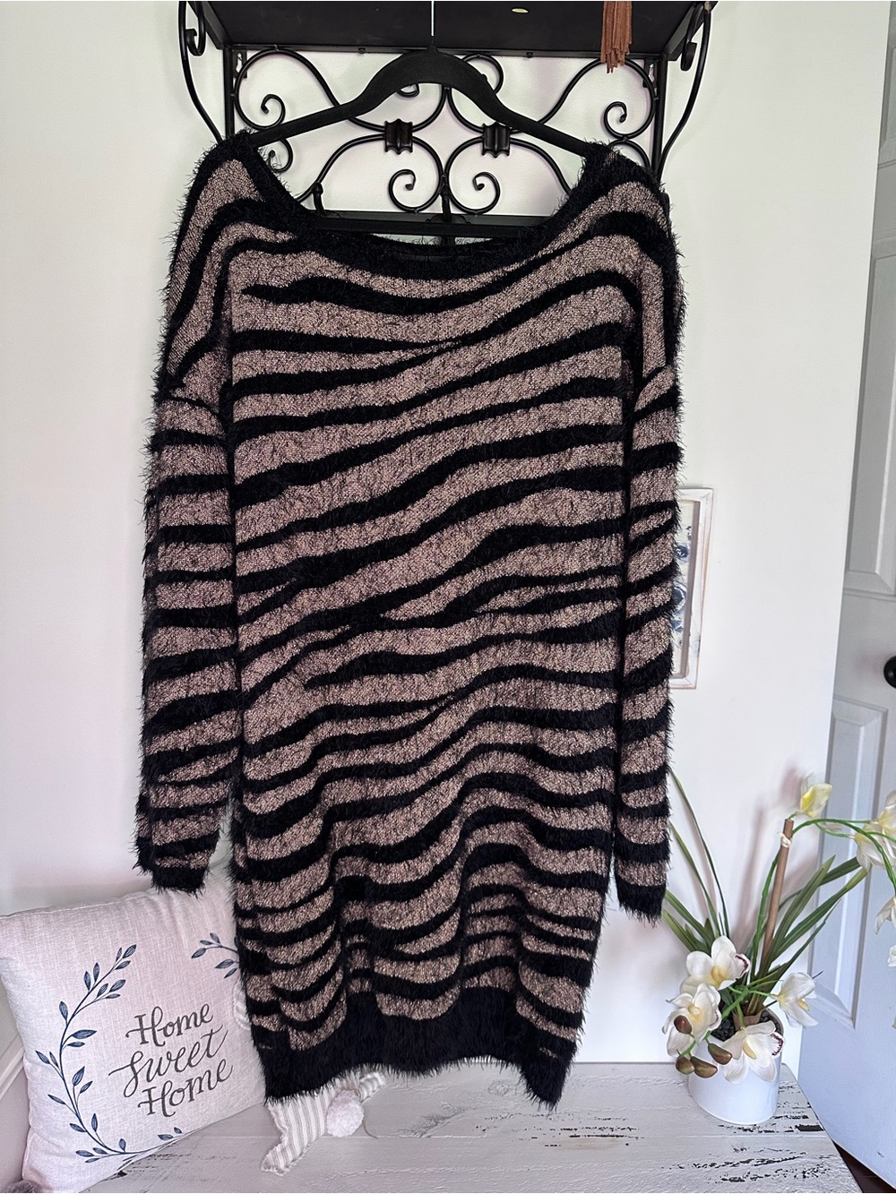 Cozy Fuzzy Zebra-Stripe Sweater Dress - Black and Taupe